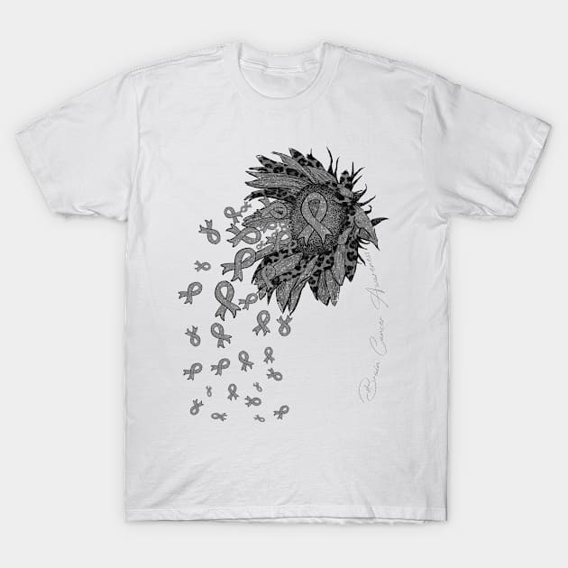 Brain Cancer Awareness - Sunflower ribbon flowers fall T-Shirt by Lewis Swope